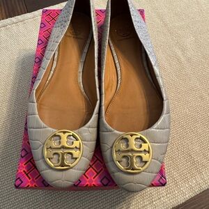 Tory Burch Croc-Embossed Flats with Gold Logo